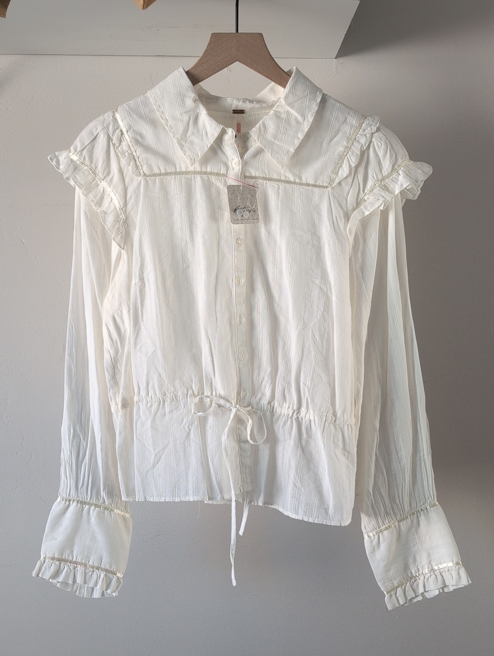 Free People Cream Ruffle-Trim Drawstring Button-Down Shirt